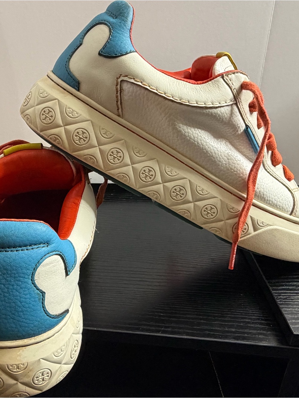 Tory Burch Kids White Leather Sneakers with Blue Heel & Orange Accents